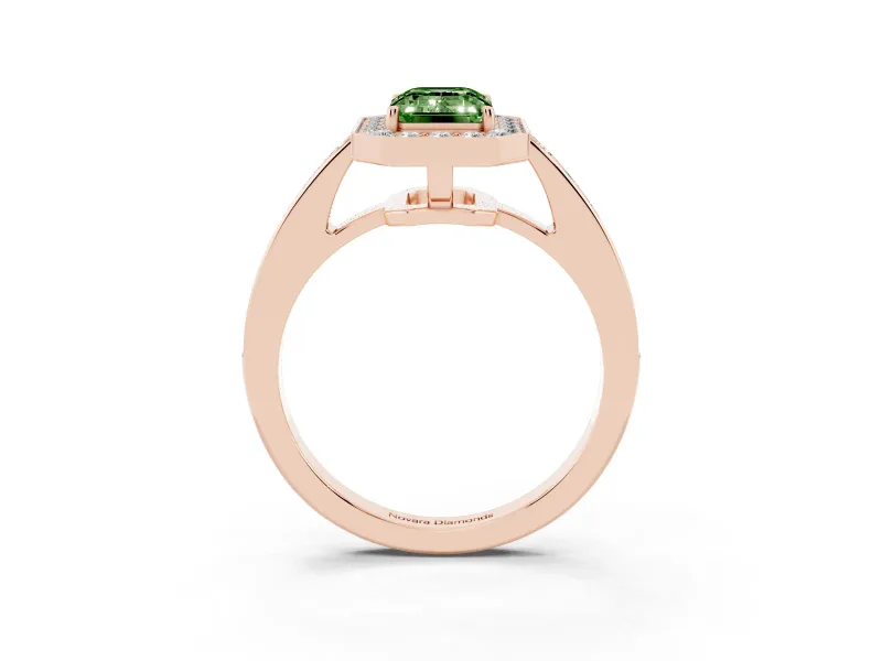 Fancy Green Emerald Cut Diamond Halo Pavé Engagement Ring Set in Rose gold with Bezel Setting