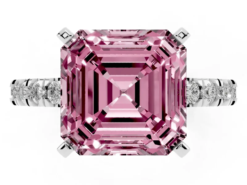 Fancy Pink Asscher Cut Diamond Pavé Band Solitaire Set in Platinum with Prong Setting