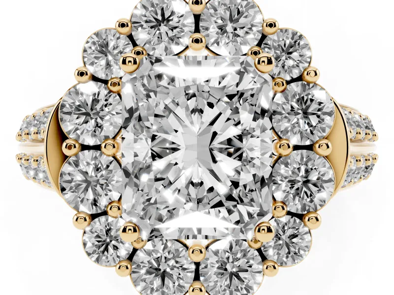 Radiant Cut Diamond Halo Engagement Ring Set in Yellow gold with Split Shank and Prong Setting