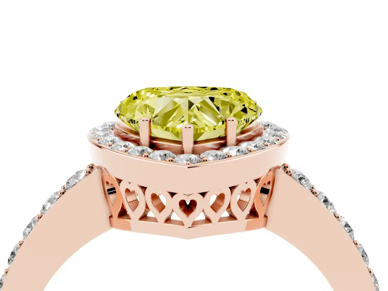 Fancy Yellow Heart Cut Diamond Halo Ring Set in Rose gold with Pavé-Setting Band and Open Prong Center