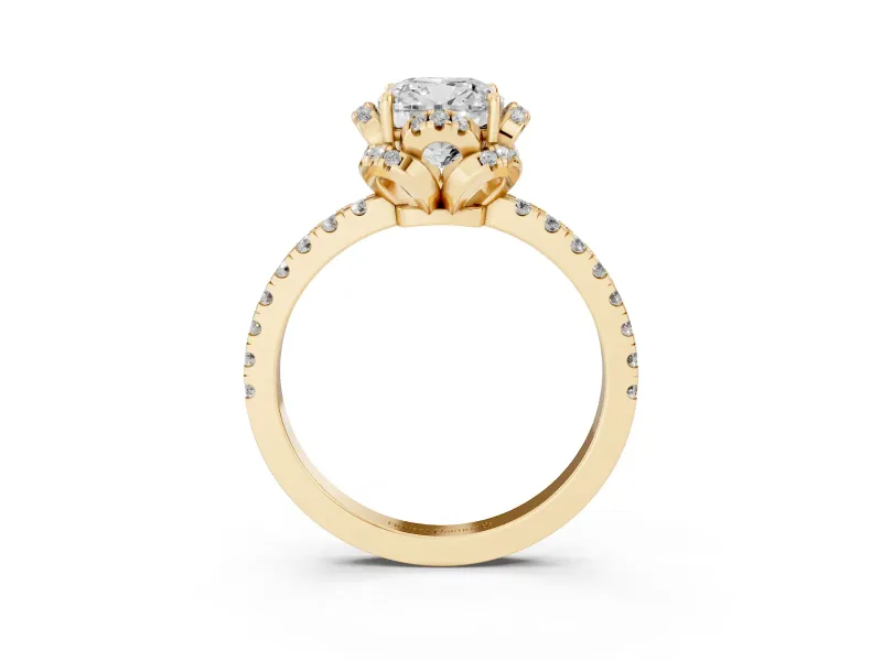 Cushion Cut Diamond Halo Pavé Band Ring Set in Yellow gold with Prong-Held Center