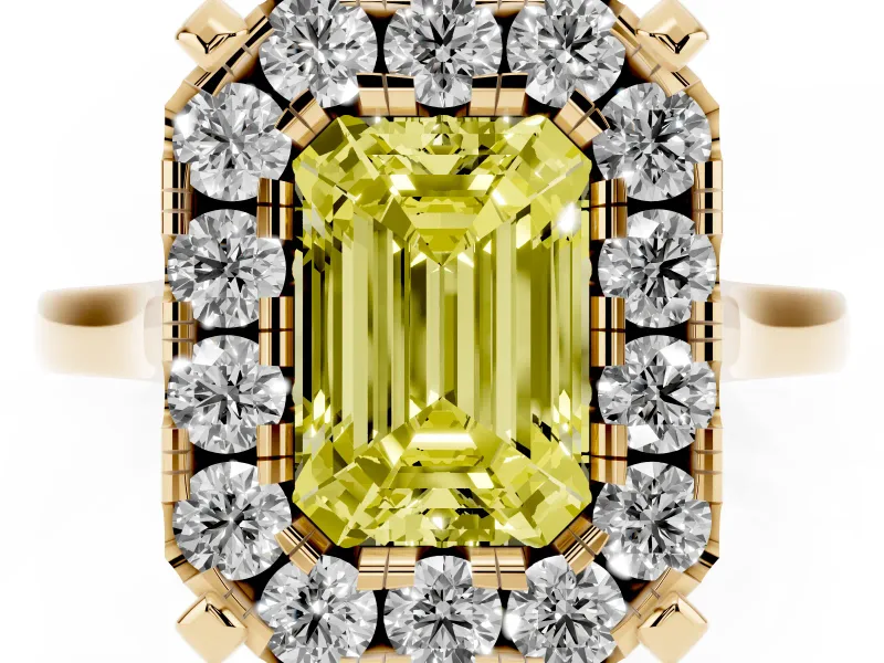 Emerald Cut Claw Corner Halo Engagement Ring Setting for a Fancy Yellow Lab-Grown Diamond | Plain Band | Yellow Gold