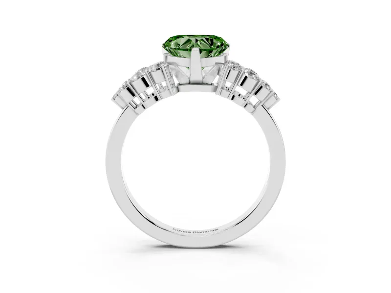 Fancy Green Heart Cut Diamond Cluster Engagement Ring Set in Silver with Pavé Band and Prong Setting