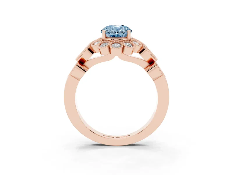 Oval Scalloped Halo Engagement Ring Setting for a Fancy Blue Lab-Grown Diamond | Heart Pavé Band | Rose Gold