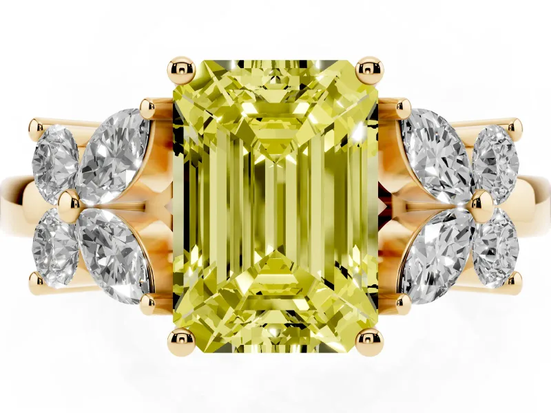 Fancy Yellow Emerald Cut Diamond Floral Cluster Ring Set in Yellow gold with Marquise Petals and Prong Setting