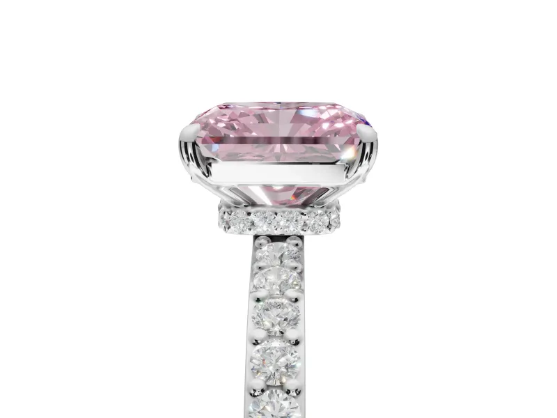 Radiant Cut Hidden Halo Engagement Ring Setting for a Fancy Pink Lab-Grown Diamond | Pavé Band | White Gold
