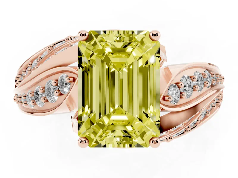 Emerald Cut Bypass Hidden Halo Engagement Ring Setting for a Fancy Yellow Lab-Grown Diamond | Graduated Pavé | Rose Gold