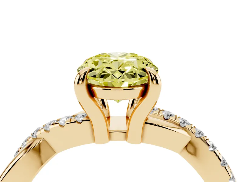 Fancy Yellow Oval Cut Diamond Twist Band Solitaire Set in Yellow gold with Pavé Accents and Prong Setting