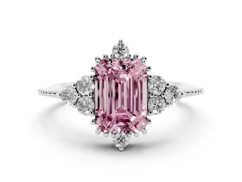 Fancy Pink Emerald Cut Diamond Cluster Ring Set in Platinum with Beaded Band