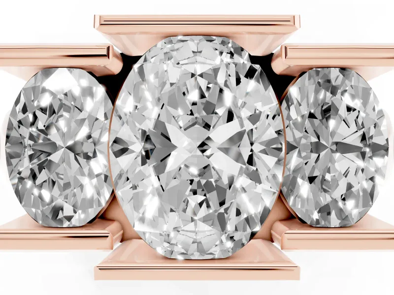 Oval Channel-Set Three Stone Engagement Ring Setting | Wide Flat Band | Rose Gold