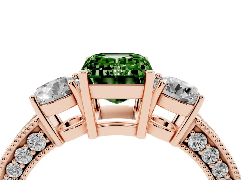 Emerald Cut Three Stone Engagement Ring Setting for a Fancy Green Lab-Grown Diamond | Graduated Pave Band | Rose Gold