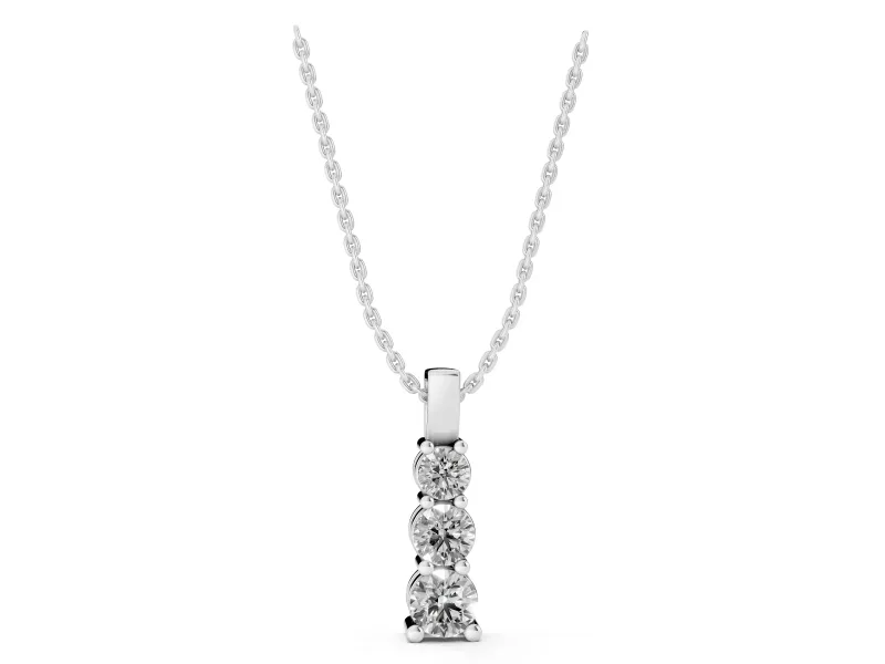 Round Lab-Grown Diamond Three-Stone Vertical Pendant Necklace | Shared Prongs | White Gold