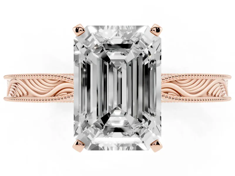Emerald Cut Diamond Solitaire Milgrain Engraved Band Set in Rose gold with Prong Setting