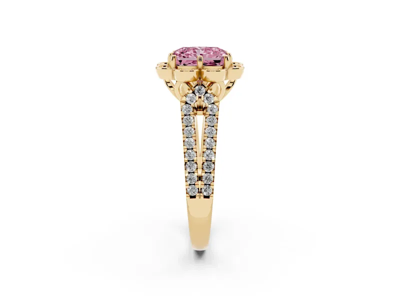 Radiant Cut Floral Halo Engagement Ring Setting for a Fancy Pink Lab-Grown Diamond | Pavé Split Shank | Yellow Gold