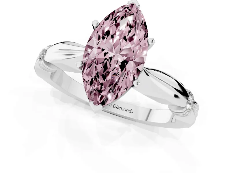 Fancy Pink Marquise Cut Diamond Solitaire Twisted Band Ring Set in Platinum with Accent Stones and Prong Setting