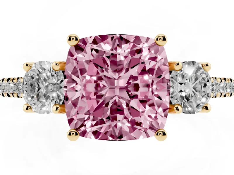 Cushion Cut Three Stone Engagement Ring Setting for a Fancy Pink Lab-Grown Diamond | Pave Shoulders | Yellow Gold