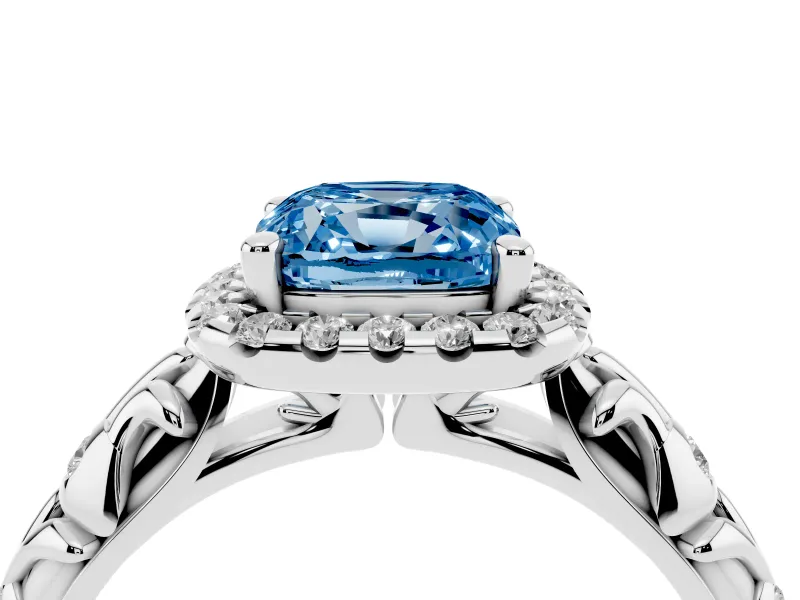 Cushion Cut Leaf Halo Engagement Ring Setting for a Fancy Blue Lab-Grown Diamond | Bezel Accents | White Gold