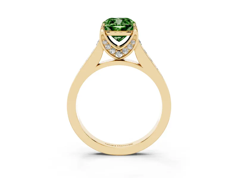 Cushion Cut Graduated Pavé Engagement Ring Setting for a Fancy Green Lab-Grown Diamond | Yellow Gold