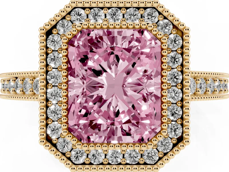 Radiant Cut Milgrain Halo Engagement Ring Setting for a Fancy Pink Lab-Grown Diamond | Pave Band | Yellow Gold