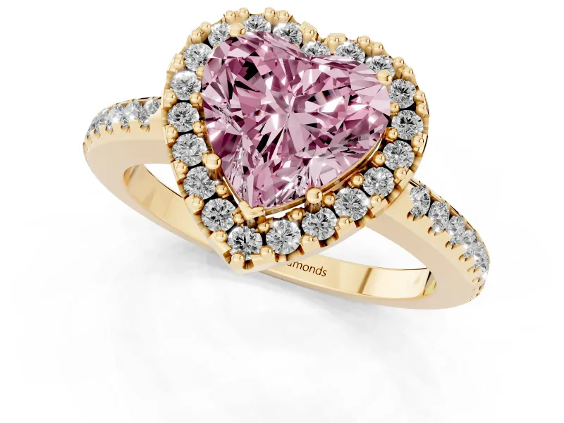Heart-Shaped Pave Halo Engagement Ring Setting for a Fancy Pink Lab-Grown Diamond | Pave Band | Yellow Gold