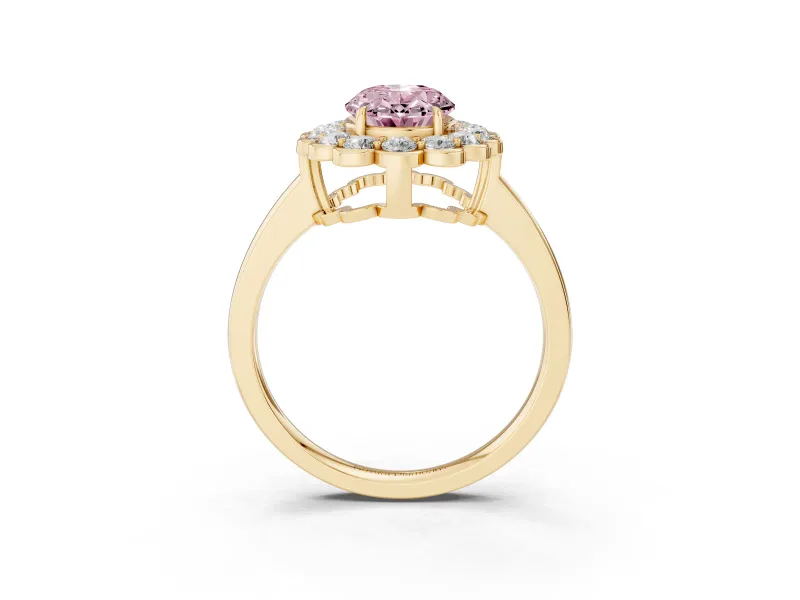 Oval Scalloped Cluster Halo Engagement Ring Setting for a Fancy Pink Lab-Grown Diamond | Plain Band | Yellow Gold