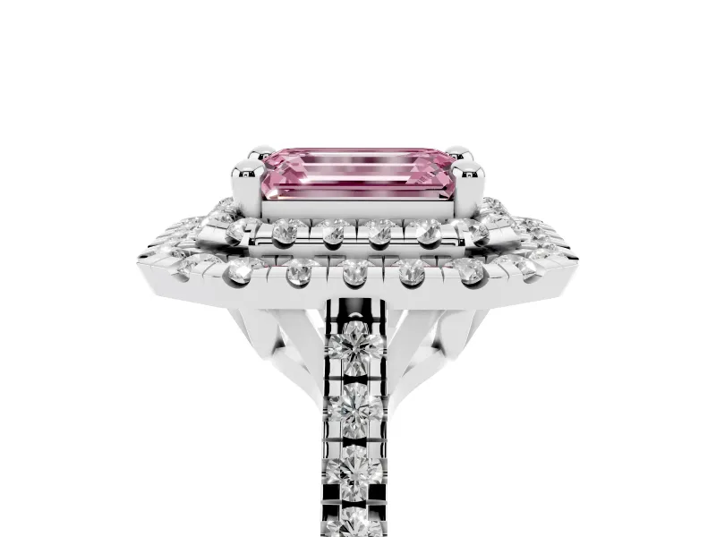 Fancy Pink Emerald Cut Diamond Double Halo Statement Ring Set in Silver with Pavé Band