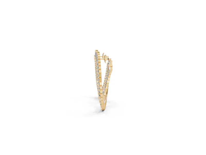 Baguette and Round Lab-Grown Diamond Fanned Open Hoop Earrings | Sunburst Rows | Yellow Gold