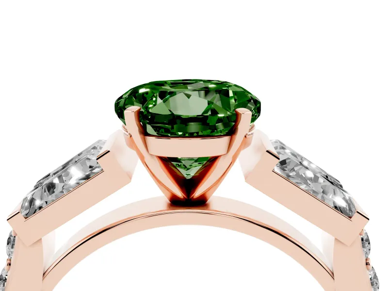 Fancy Green Round Cut Diamond Engagement Ring Set in Rose gold with Baguette Side Stones and Channel Set Band