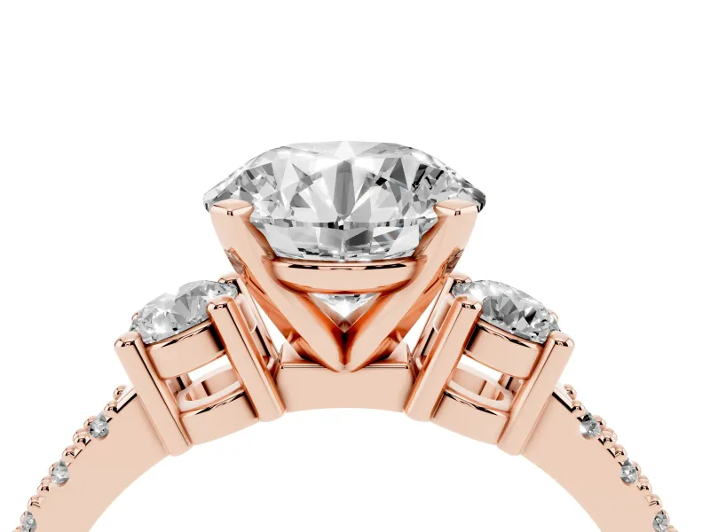 Round Three Stone Pavé Engagement Ring Setting | Round Side Stones | Rose Gold