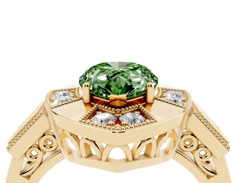 Fancy Green Pear Cut Diamond Milgrain Halo Ring Set in Yellow gold with Split Shank