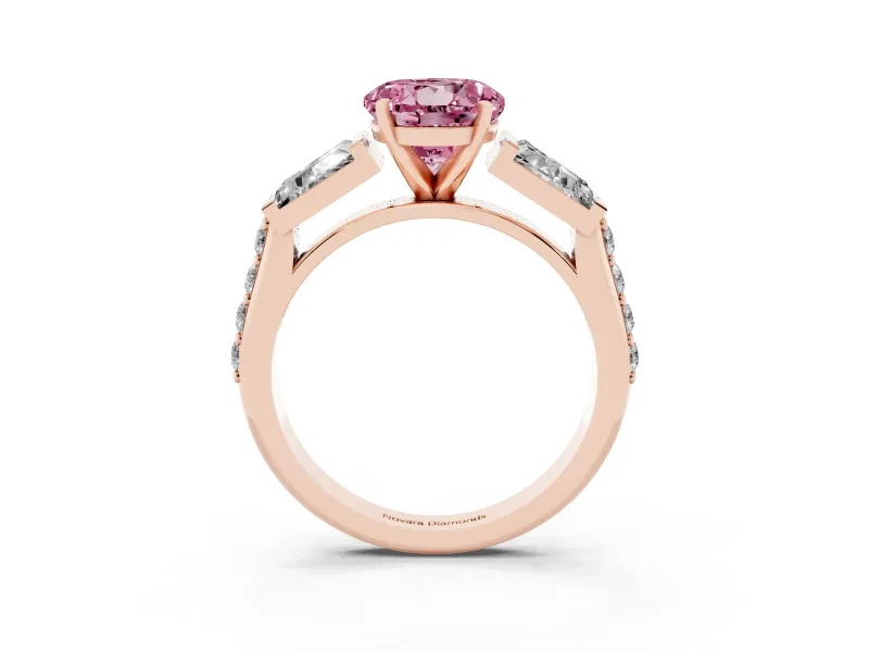 Fancy Pink Round Cut Diamond Engagement Ring Set in Rose gold with Baguette Side Stones and Channel Set Band