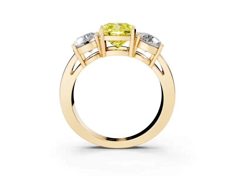 Cushion Cut Three Stone Engagement Ring Setting for a Fancy Yellow Lab-Grown Diamond | Wide Plain Band | Yellow Gold