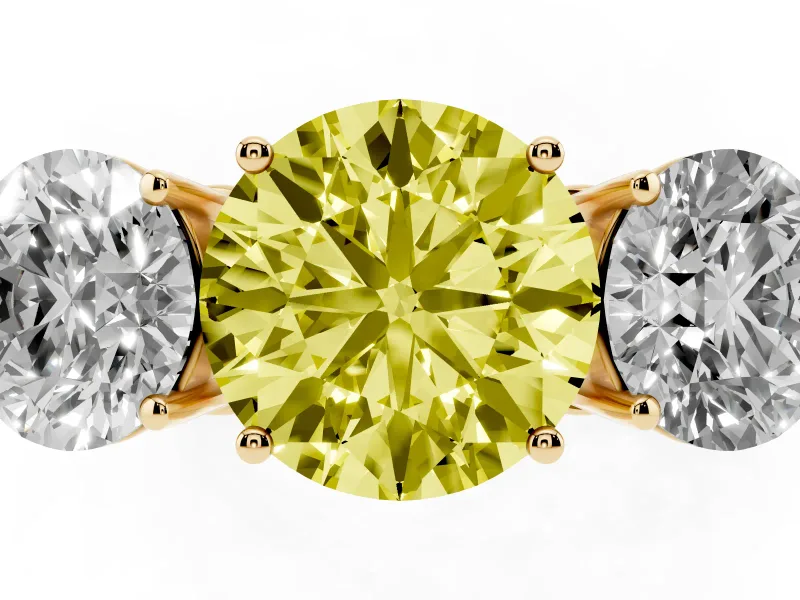 Round Engagement Ring Setting for a Fancy Yellow Lab-Grown Diamond | Three Stone | Yellow Gold