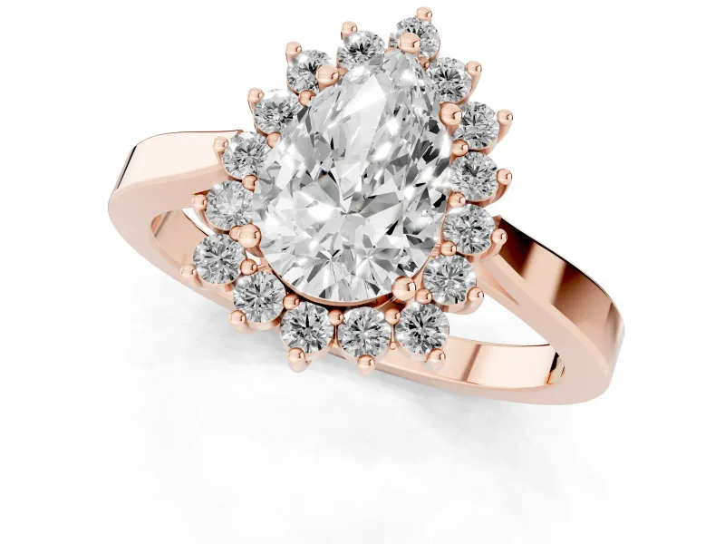 Pear Cut Diamond Halo Ring Set in Rose gold with Round Halo and Smooth Solitaire Band