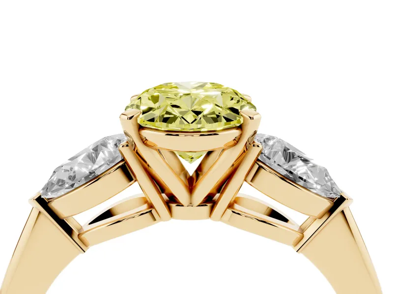 Oval Three-Stone Ring Setting for a Fancy Yellow Lab-Grown Diamond | Pear Side Stones | Yellow Gold