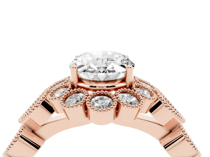 Oval Vintage Scalloped Milgrain Halo Engagement Ring Setting | Heart Pavé Band | Rose Gold