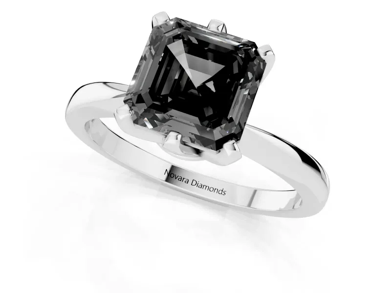 Fancy Black Asscher Cut Diamond Solitaire Engagement Ring Set in White gold with Slim Tapered Solitaire Band