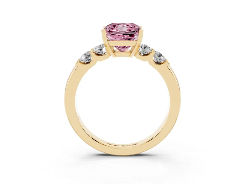 Fancy Pink Princess Cut Diamond Five-Stone Prong Set Engagement Ring Set in Yellow gold with Channel Band