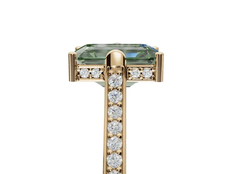 Emerald Cut Vintage Cathedral Engagement Ring Setting for a Fancy Green Lab-Grown Diamond | Carved Band | Yellow Gold