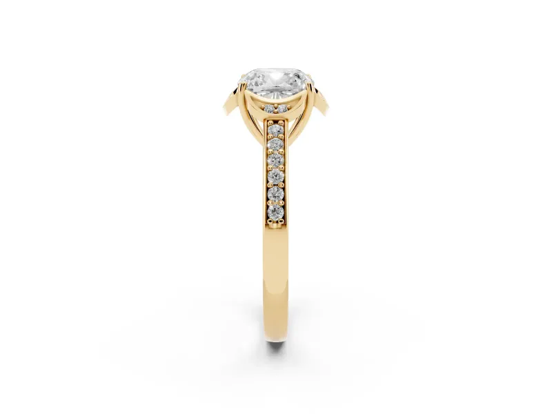 Cushion Cut Floral Pavé Engagement Ring Setting | Petal Accents | Yellow Gold