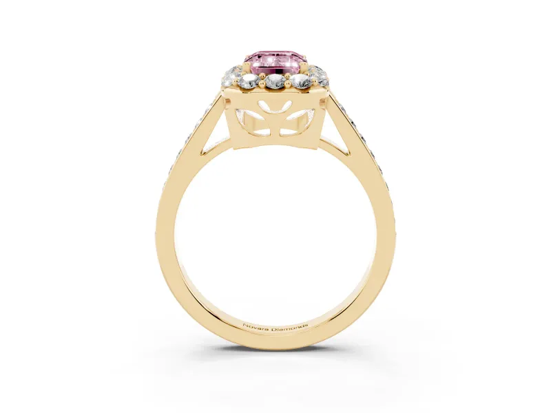 Emerald Cut Floral Halo Engagement Ring Setting for a Fancy Pink Lab-Grown Diamond | Large Round Accents | Yellow Gold