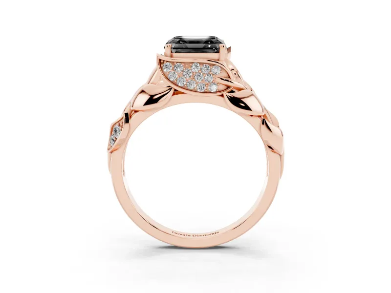 Asscher Cut Leaf Bypass Engagement Ring Setting for a Black Center | Pavé Leaf Accents | Rose Gold