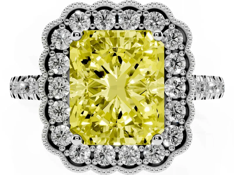 Fancy Yellow Radiant Cut Diamond Milgrain Floral Halo Engagement Ring Set in Silver with Pavé Band