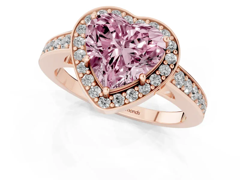 Fancy Pink Heart Cut Diamond Halo Pavé Engagement Ring Set in Rose gold with Bezel Setting