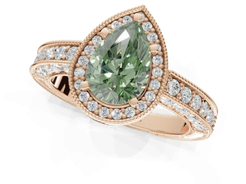Pear-Shaped Milgrain Halo Engagement Ring Setting for a Fancy Green Lab-Grown Diamond | Wide Pavé Band | Rose Gold