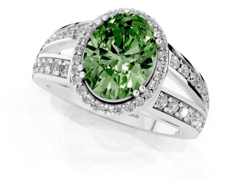 Fancy Green Oval Cut Diamond Halo Ring Set in Platinum with Double Pavé Split Shank
