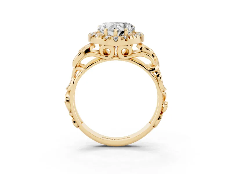 Heart Cut Diamond Halo Ring Set in Yellow gold with Scrollwork Band and Prong Setting