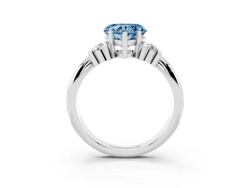 Fancy Blue Three-Stone Heart Cut Diamond Channel Set Ring Set in Silver with Bar Prongs
