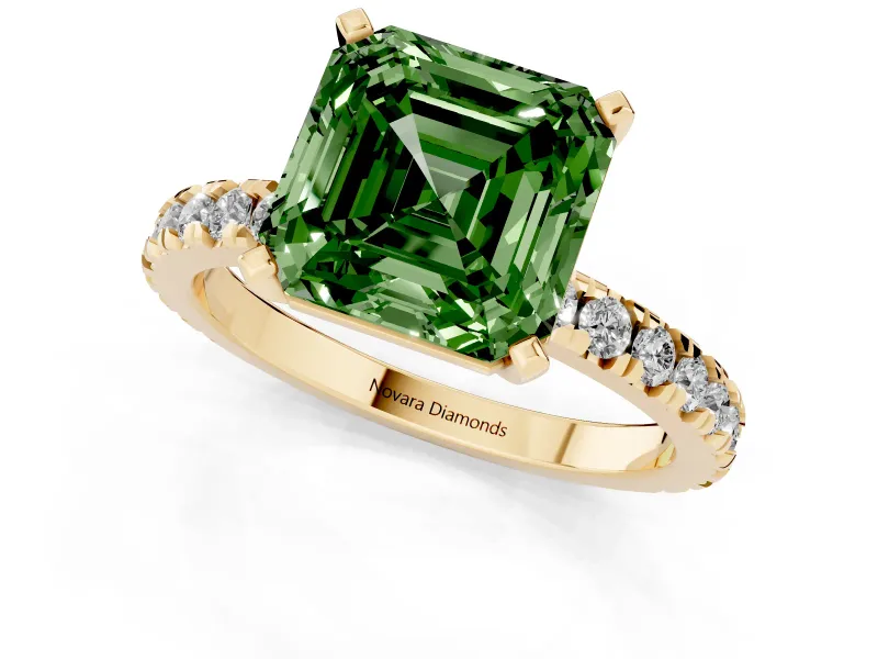 Fancy Green Asscher Cut Diamond Pavé Band Solitaire Set in Yellow gold with Prong Setting