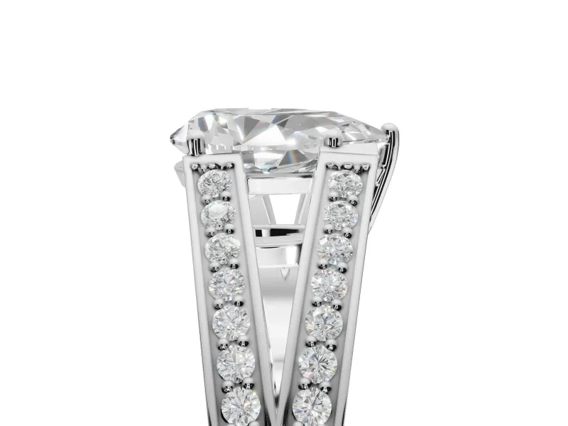 Pear-Shaped Split Shank Pavé Engagement Ring Setting | Engraved Leaf Sides | Sterling Silver